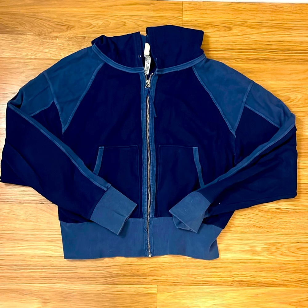 Free people movement zip up hoodie; two toned blue
